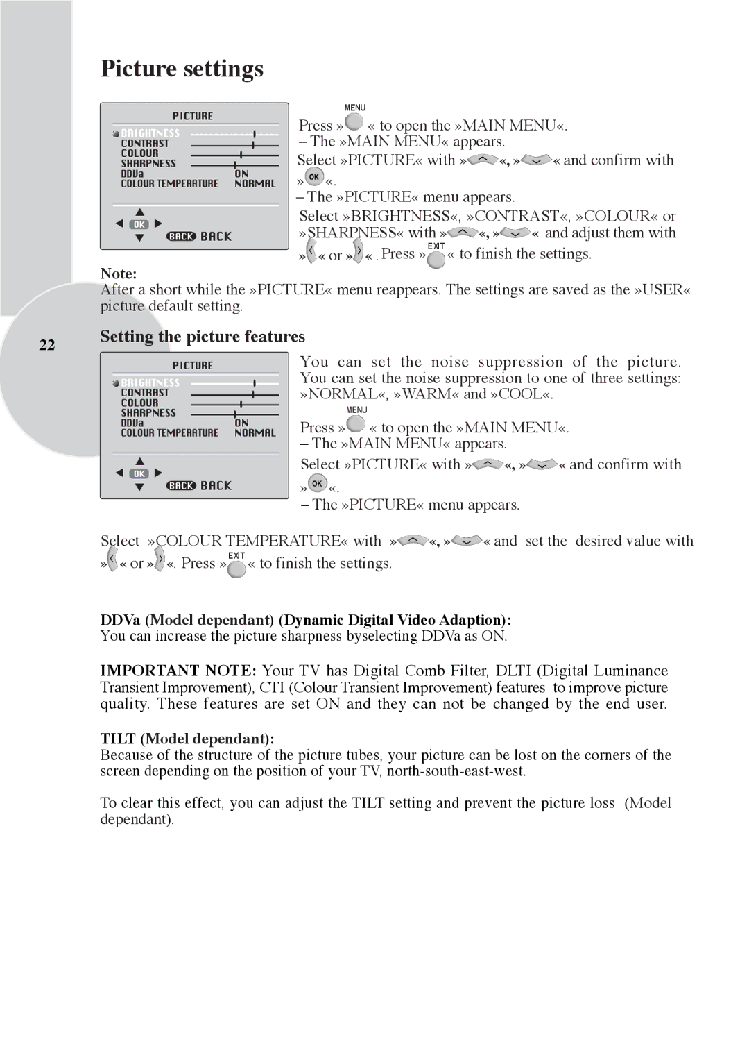 Beko 28C769IDS Picture settings, Setting the picture features, DDVa Model dependant Dynamic Digital Video Adaption 