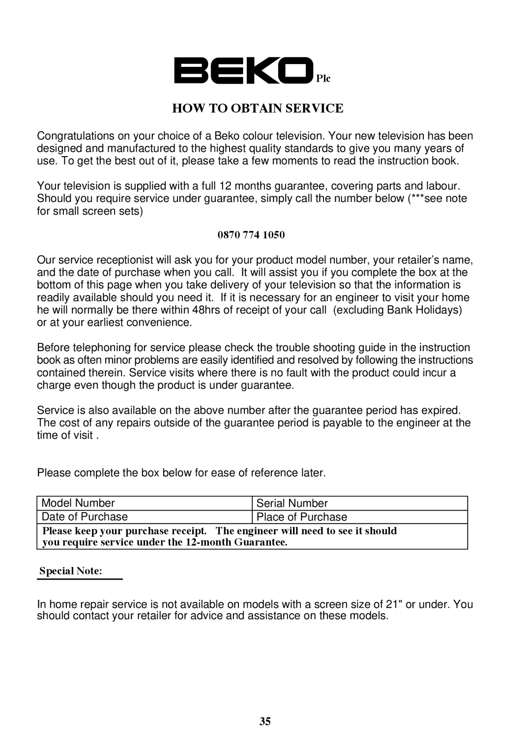 Beko 28C769IDS operating instructions HOW to Obtain Service 