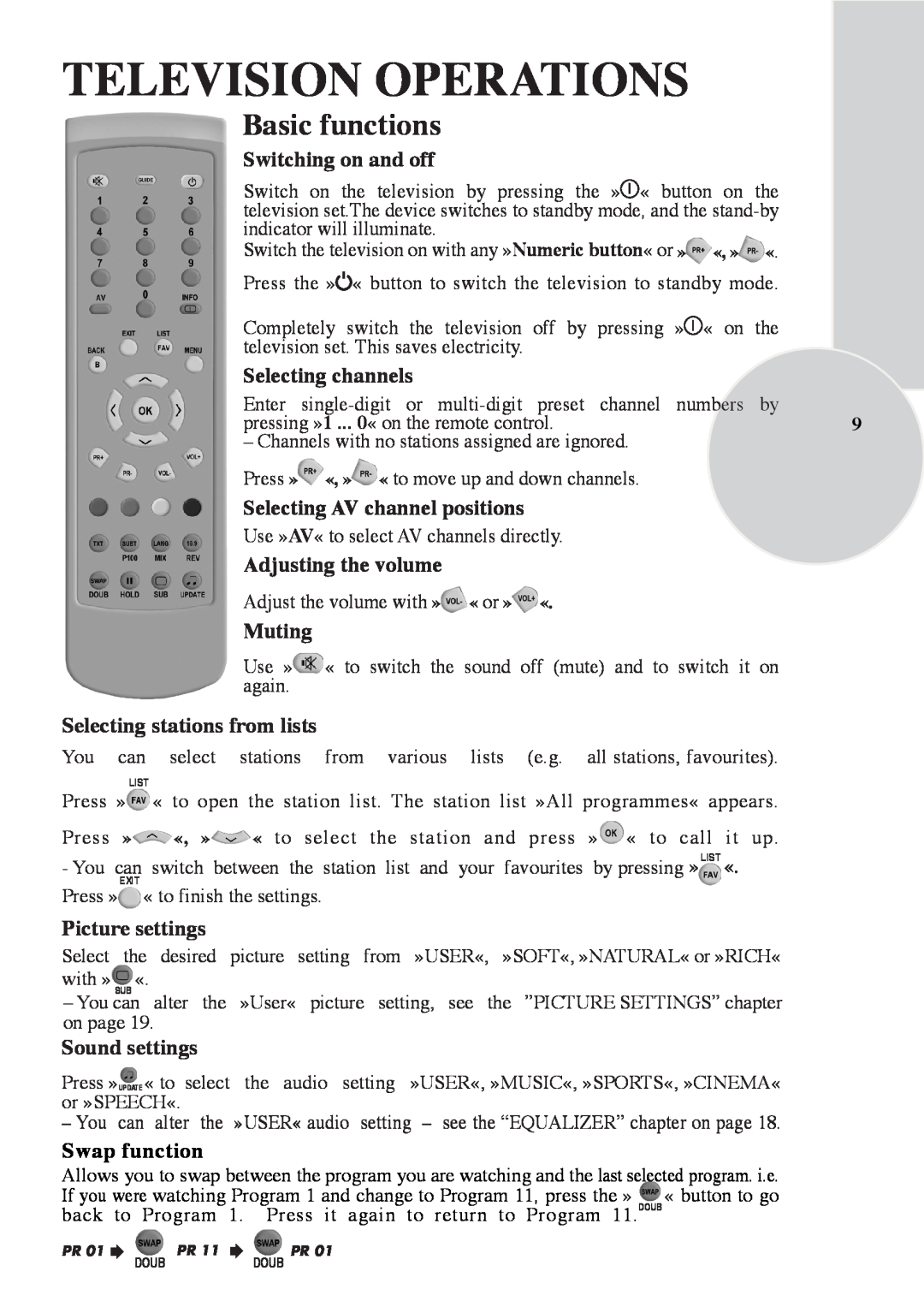 Beko 28C769IDS Television Operations, Basic functions, Switching on and off, Selecting channels, Adjusting the volume 