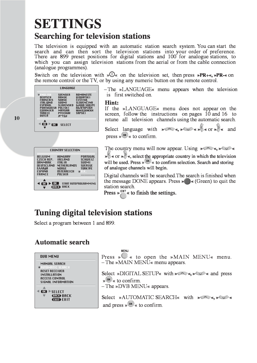 Beko 28C769IDS Settings, Searching for television stations, Tuning digital television stations, Automatic search, Hint 