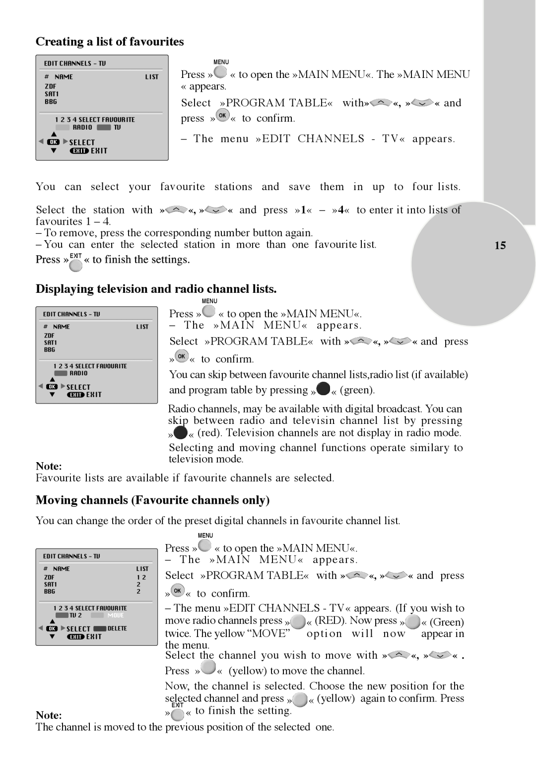 Beko 28C769IDS operating instructions Creating a list of favourites, Displaying television and radio channel lists, press 
