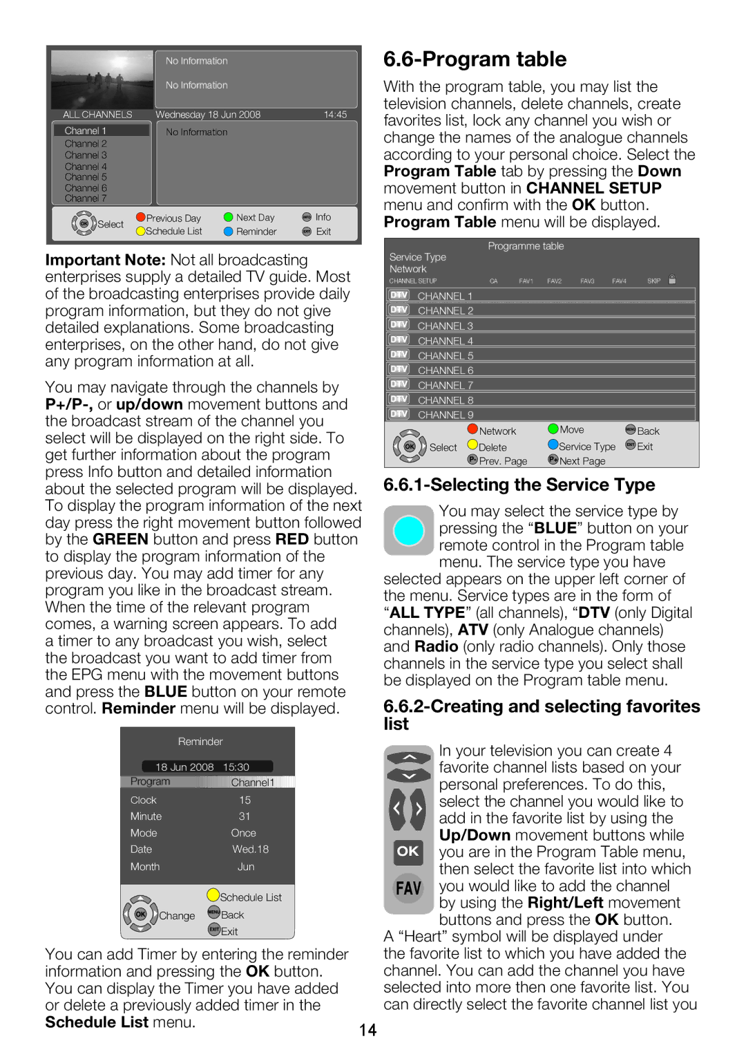 Beko 32WLU530HID manual Program table, Selecting the Service Type, Creating and selecting favorites list 
