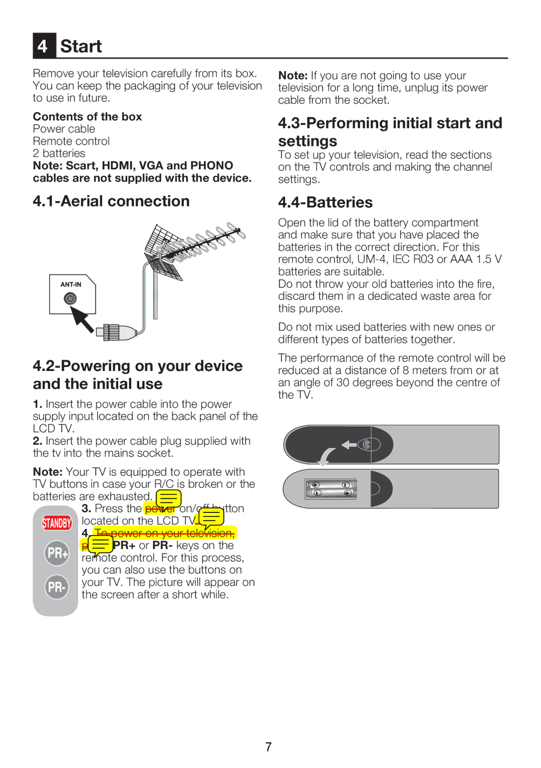 Beko 32WLU530HID manual Start, Performing initial start and settings, Batteries 