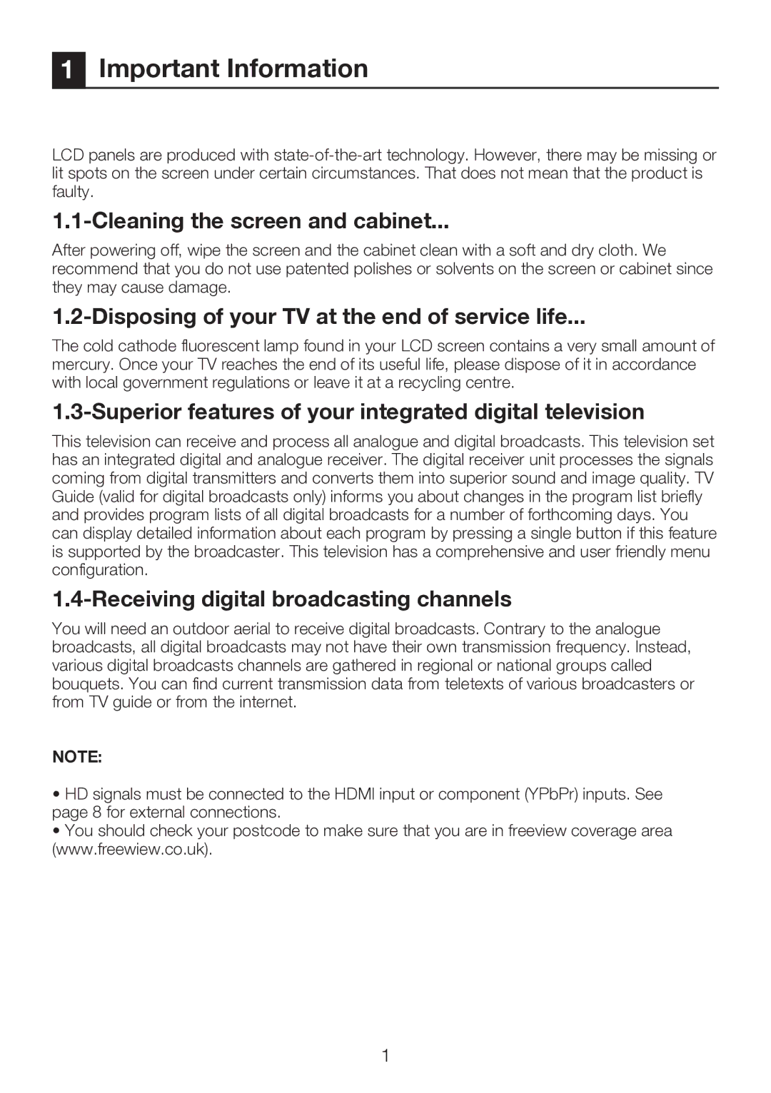 Beko 32WLU550FHID Important Information, Cleaning the screen and cabinet, Disposing of your TV at the end of service life 