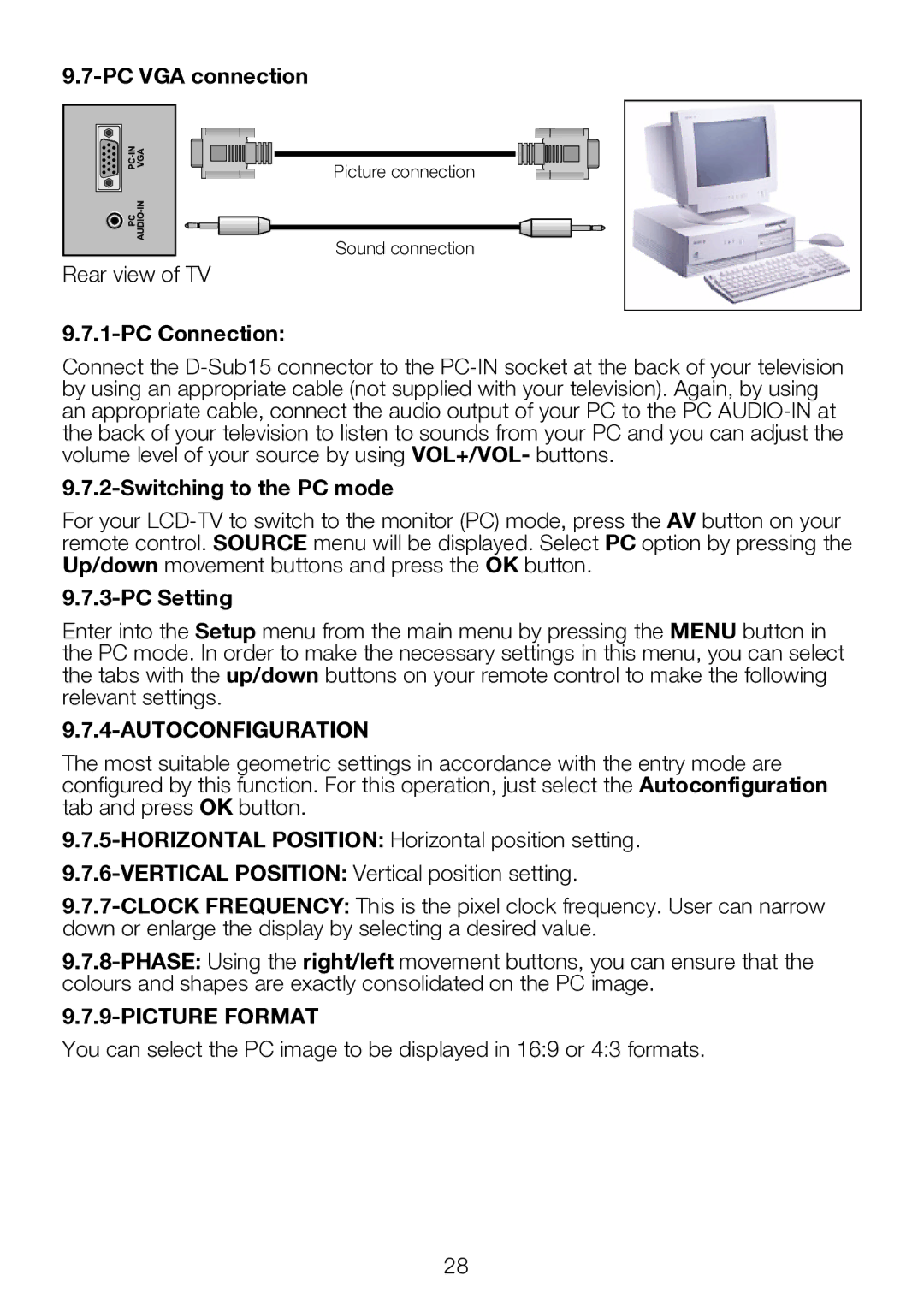 Beko 32WLU550FHID manual PC VGA connection, PC Connection, Switching to the PC mode, PC Setting 