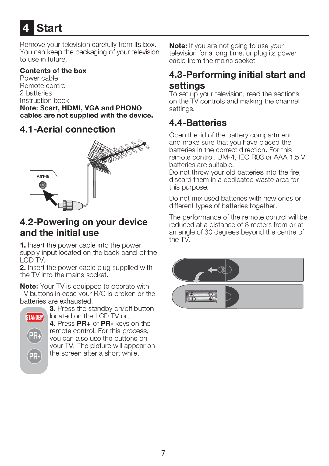 Beko 37WLU530HID operating instructions Start, Performing initial start and settings, Batteries 