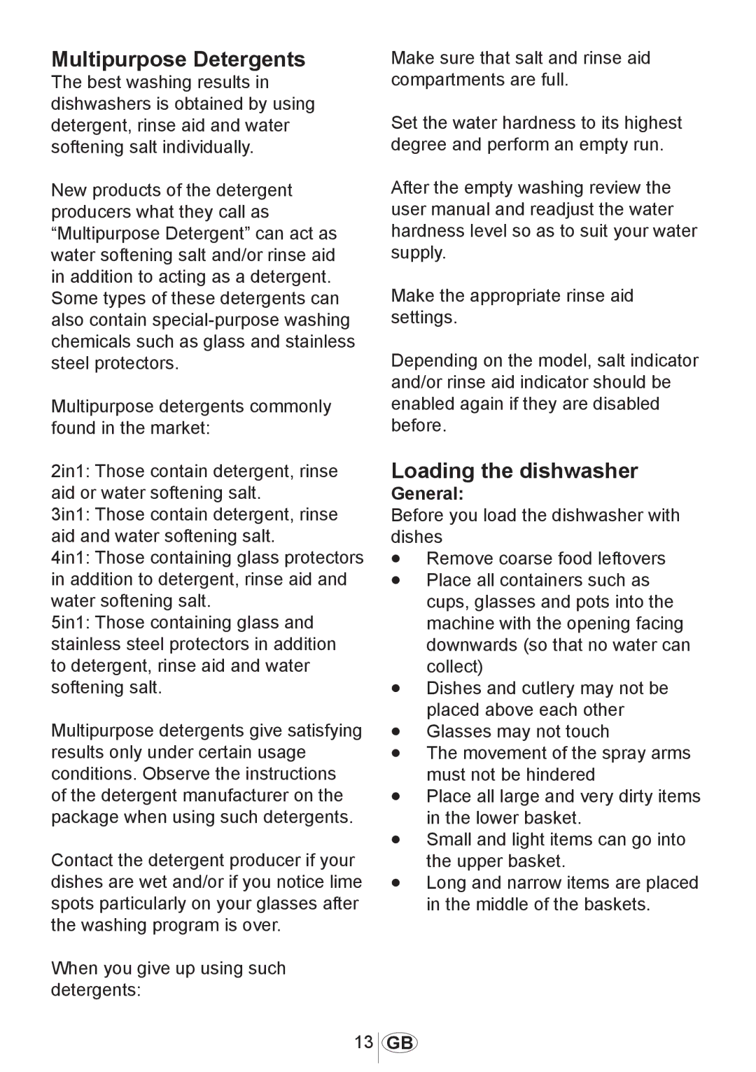 Beko 3905 MI instruction manual Multipurpose Detergents, Loading the dishwasher, General 