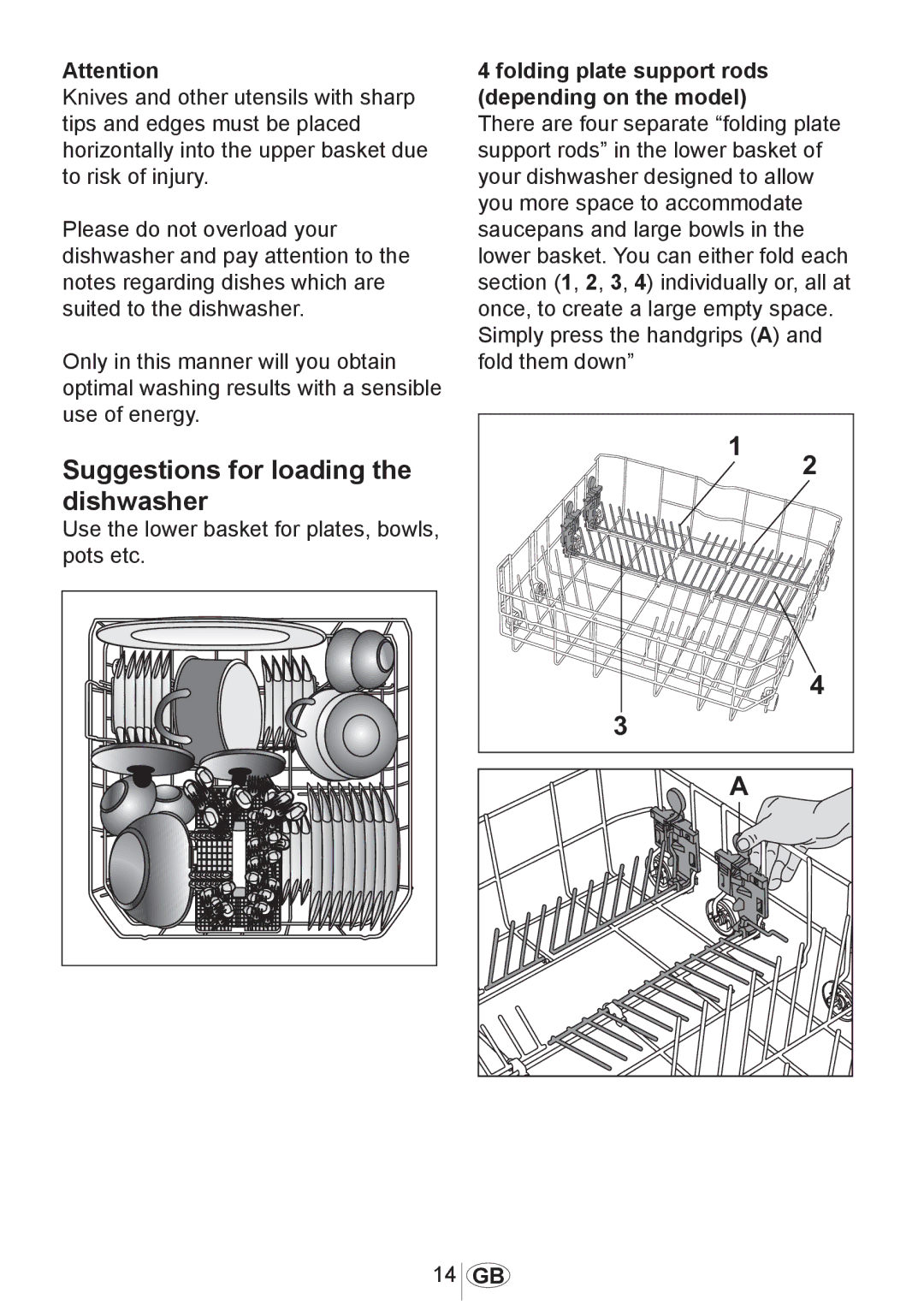 Beko 3905 MI Suggestions for loading the dishwasher, Folding plate support rods depending on the model, 1017 