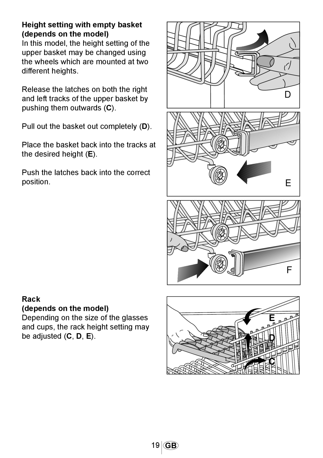 Beko 3905 MI instruction manual Height setting with empty basket depends on the model, Rack Depends on the model, 1023 