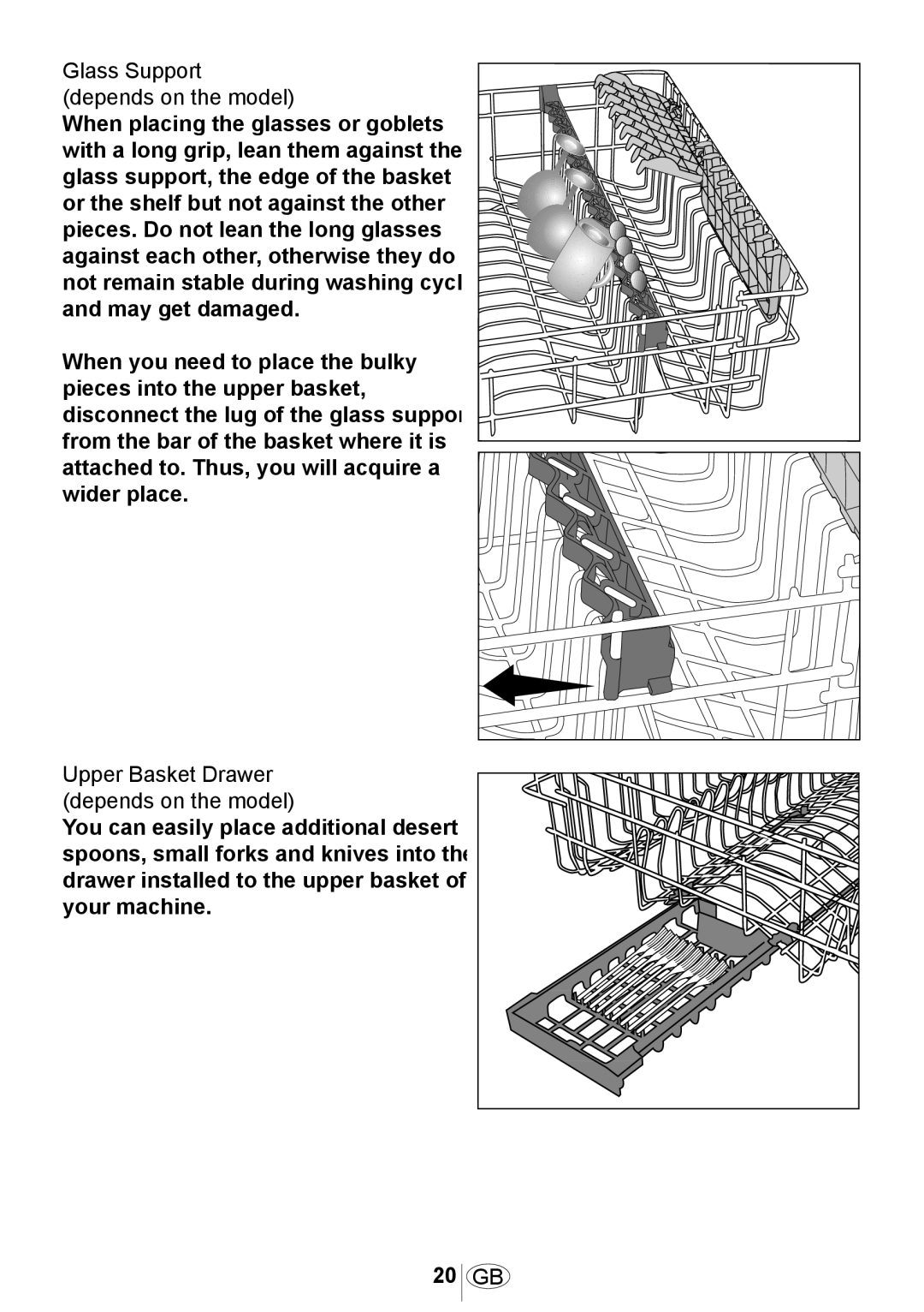 Beko 3905 MI instruction manual Glass Support depends on the model, Upper Basket Drawer depends on the model 