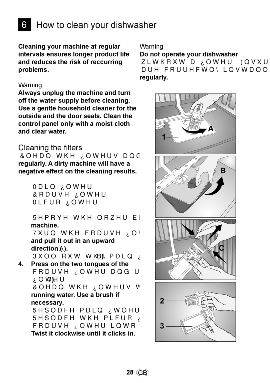 Beko 3905 MI instruction manual How to clean your dishwasher, Cleaning the filters 