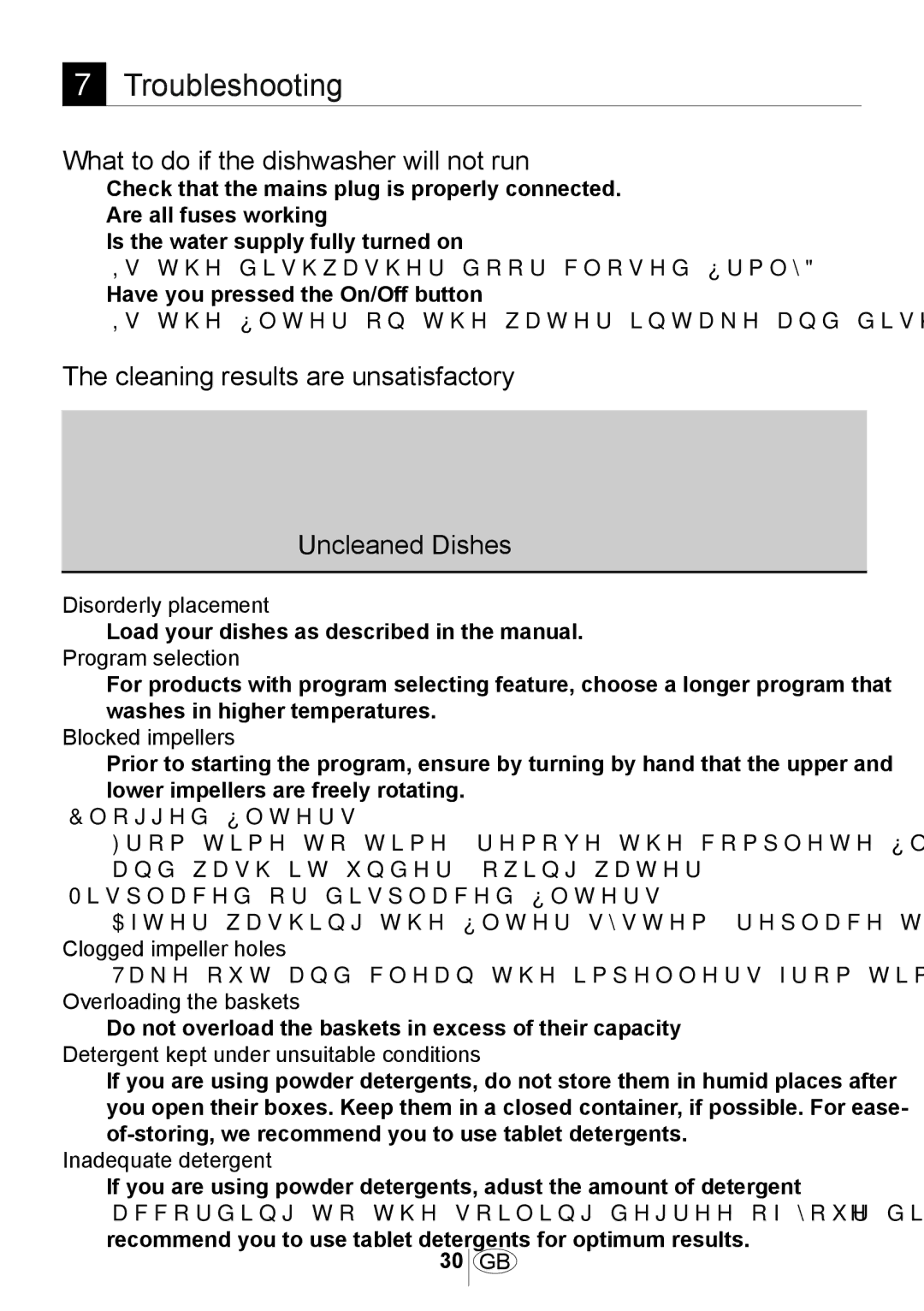 Beko 3905 MI What to do if the dishwasher will not run, Cleaning results are unsatisfactory, Uncleaned Dishes 