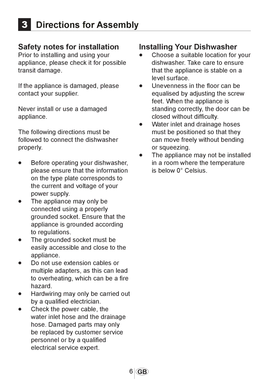 Beko 3905 MI instruction manual Safety notes for installation, Installing Your Dishwasher 