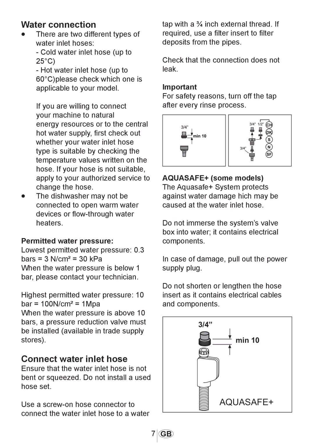 Beko 3905 MI instruction manual Water connection, Connect water inlet hose, Permitted water pressure 