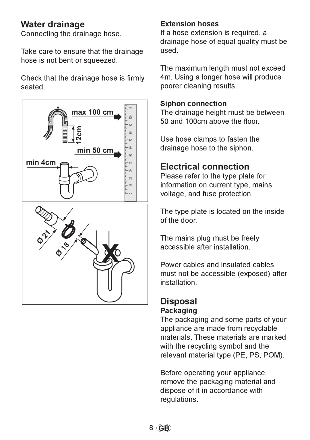 Beko 3905 MI instruction manual Water drainage, Electrical connection, Disposal 