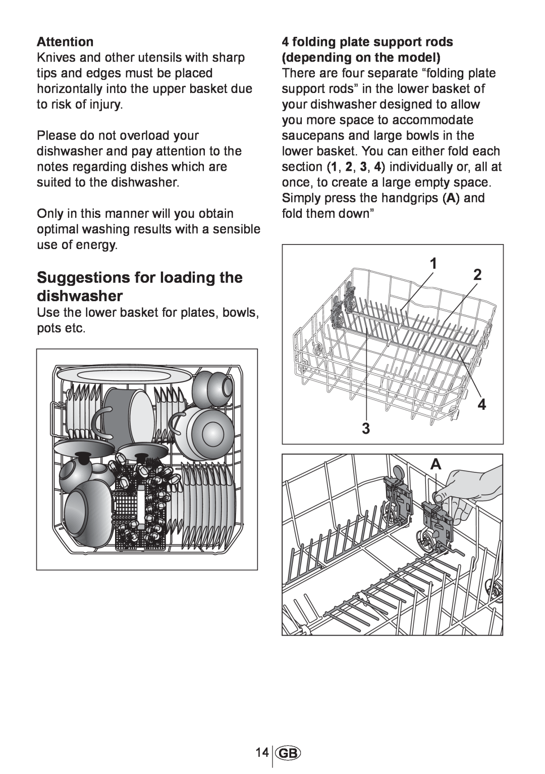 Beko 3905 MI Suggestions for loading the dishwasher, folding plate support rods depending on the model, 1017 