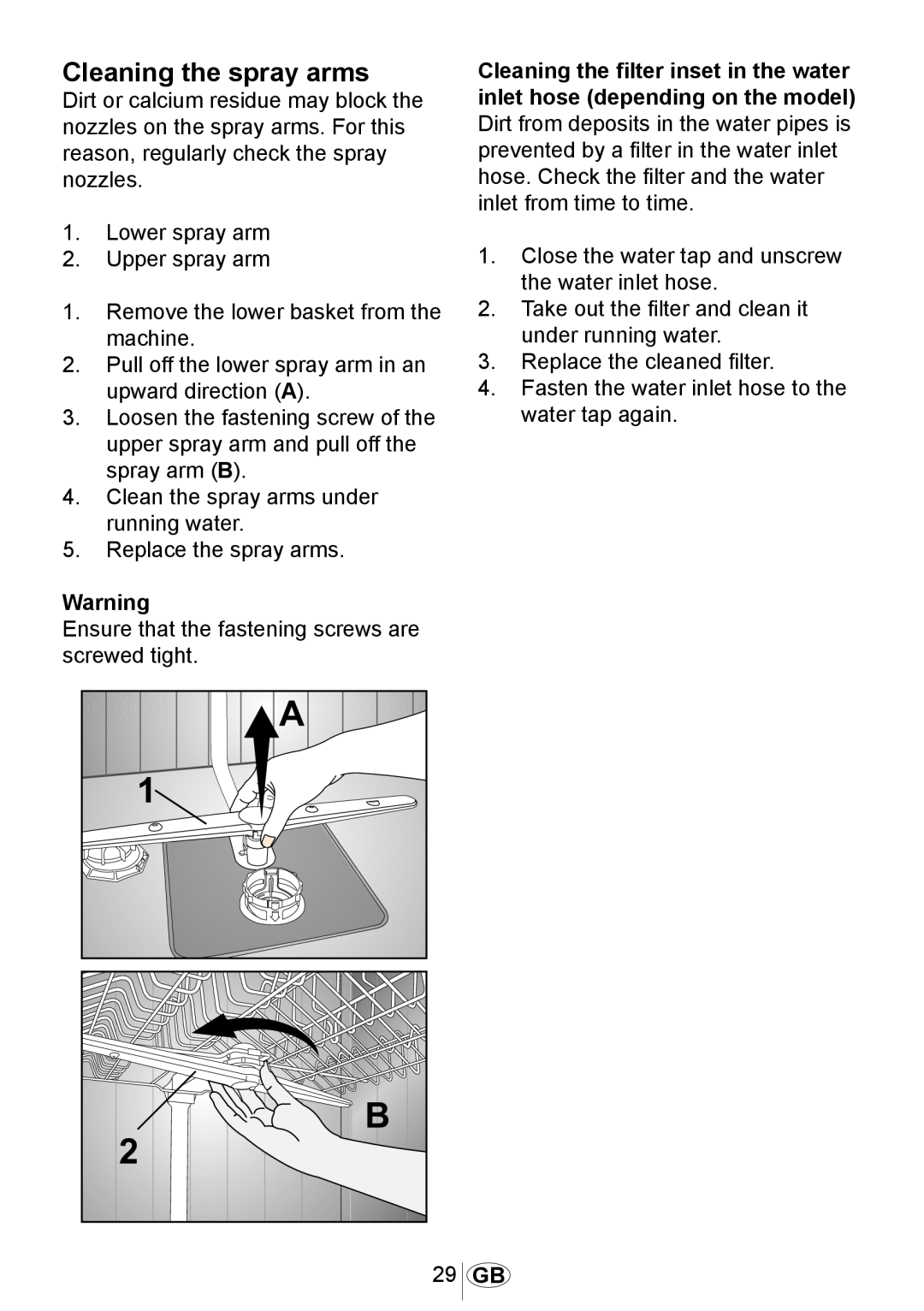 Beko 3905 MI instruction manual Cleaning the spray arms 