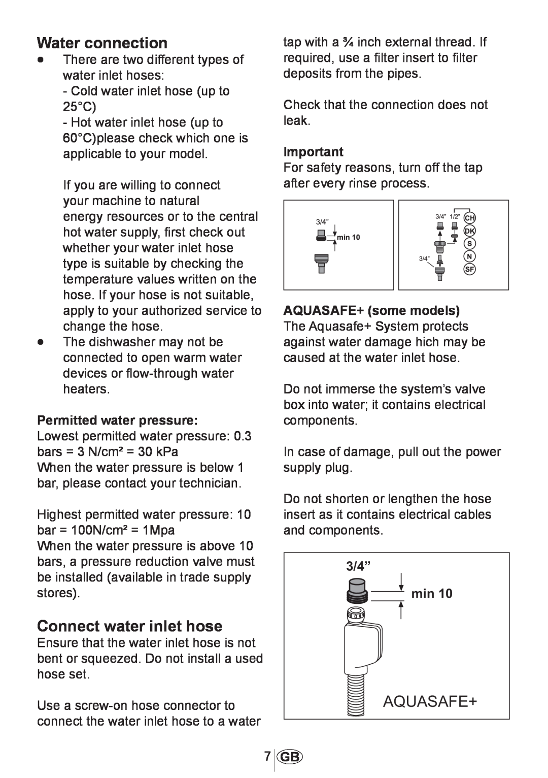 Beko 3905 MI instruction manual Water connection, Connect water inlet hose, Permitted water pressure 