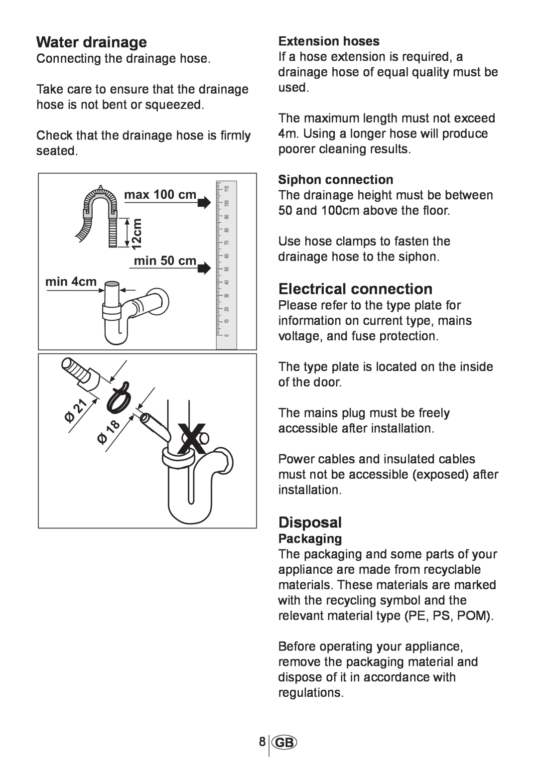 Beko 3905 MI Water drainage, Electrical connection, Disposal, Extension hoses, Siphon connection, Packaging 