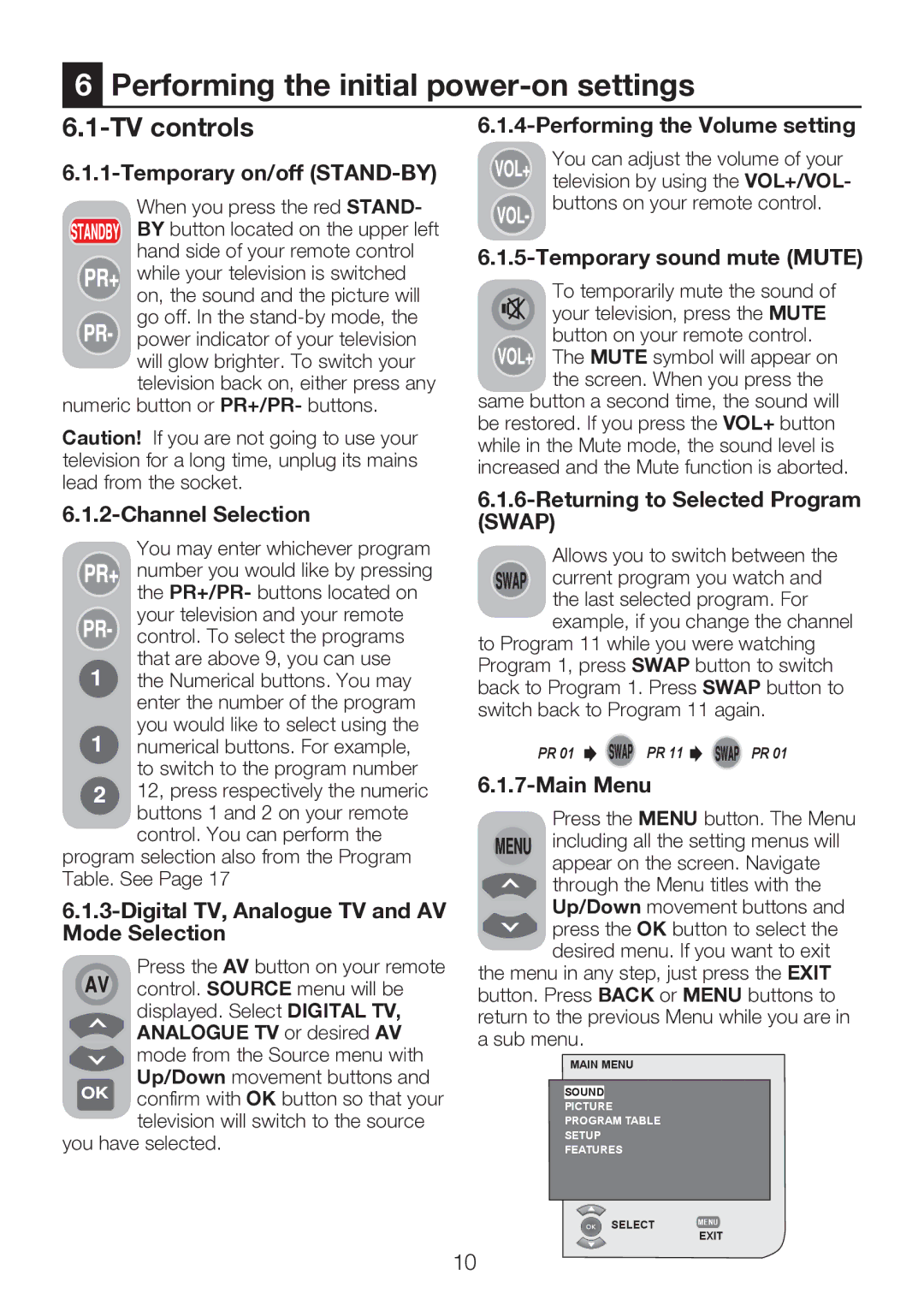 Beko 40WLU530HID operating instructions Performing the initial power-on settings, TV controls 