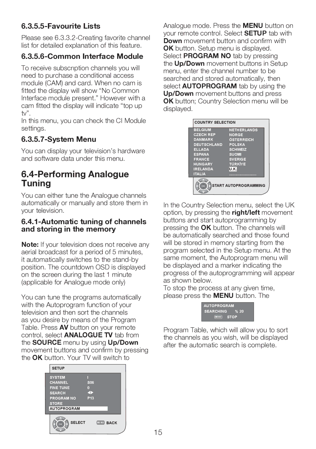 Beko 40WLU530HID operating instructions Performing Analogue Tuning, Favourite Lists, Common Interface Module, System Menu 