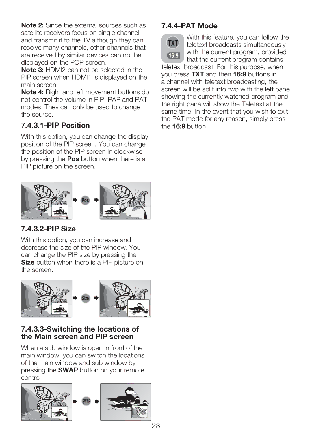 Beko 40WLU530HID PIP Position, PIP Size, Switching the locations of the Main screen and PIP screen, PAT Mode 