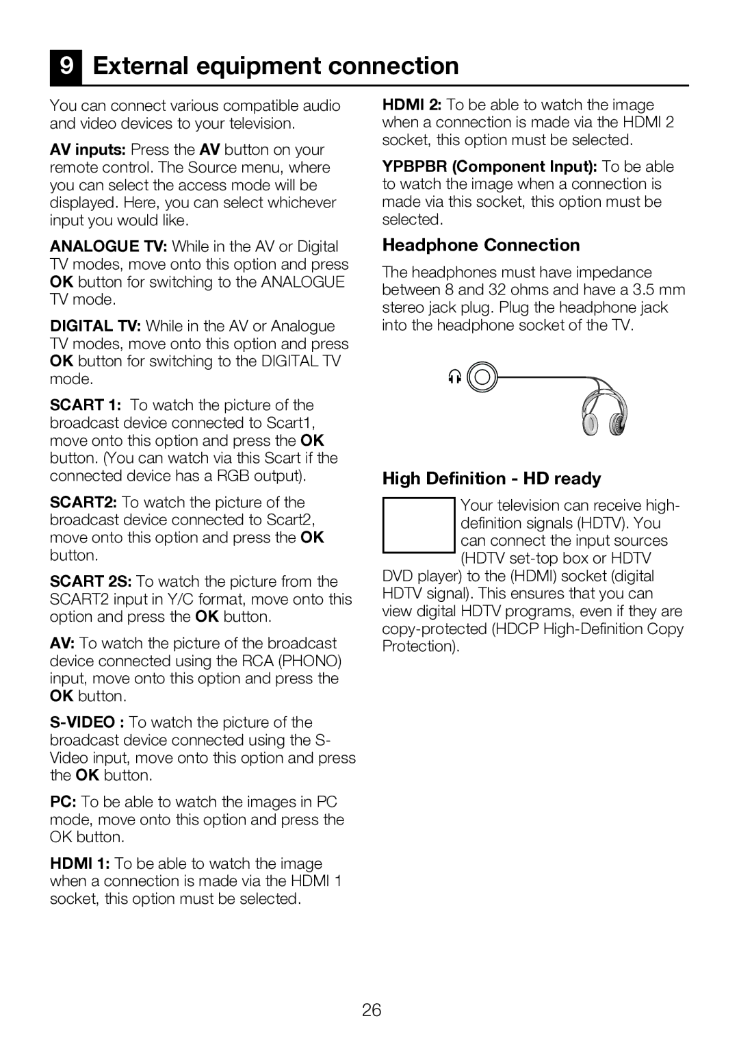 Beko 40WLU530HID operating instructions External equipment connection, Headphone Connection, High Definition HD ready 