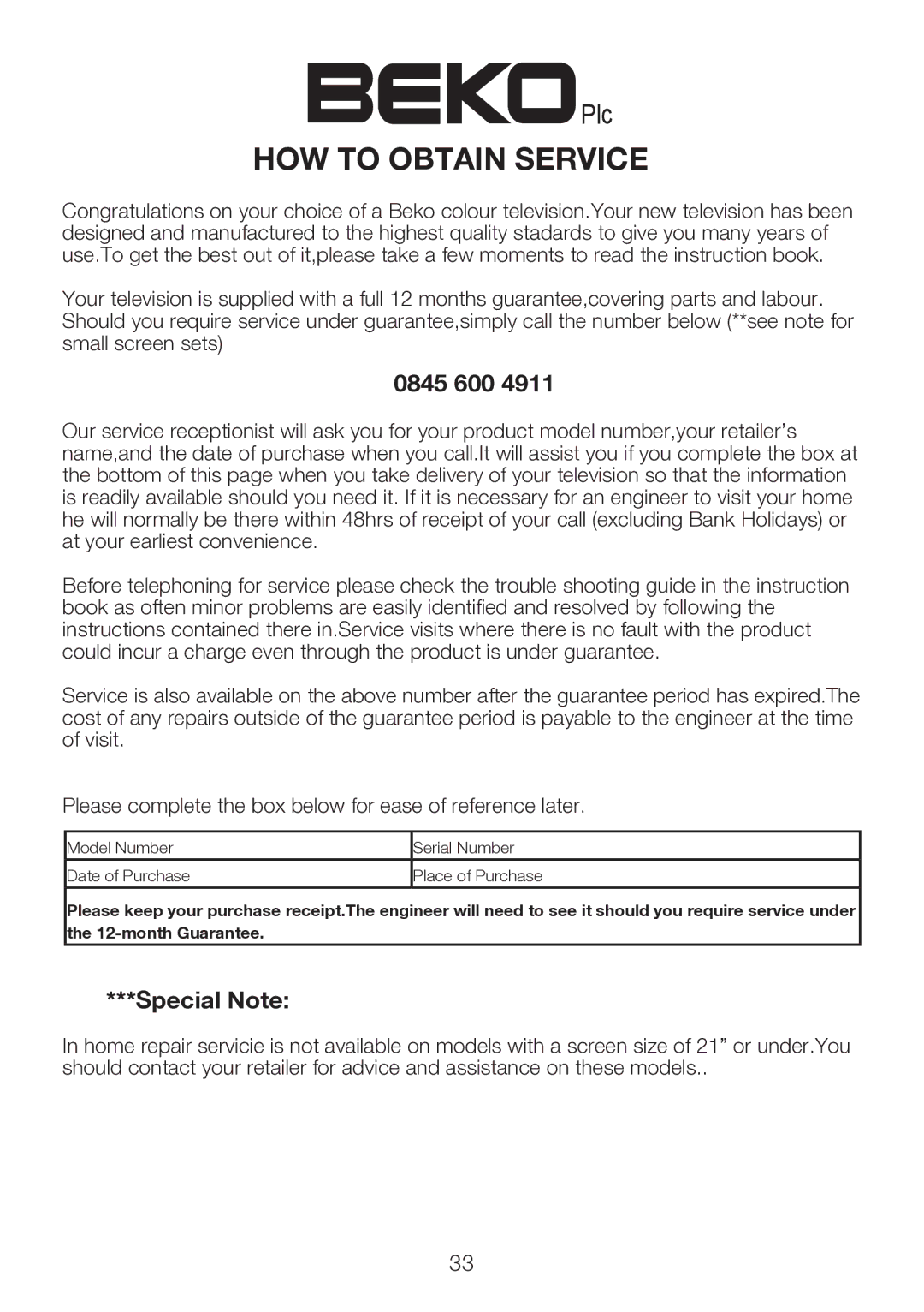 Beko 40WLU530HID operating instructions HOW to Obtain Service 