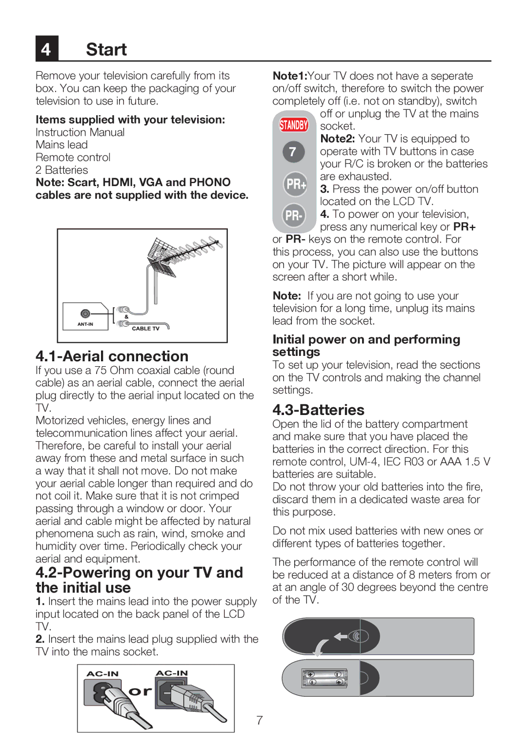 Beko 40WLU530HID operating instructions Start, Aerial connection, Powering on your TV and the initial use, Batteries 