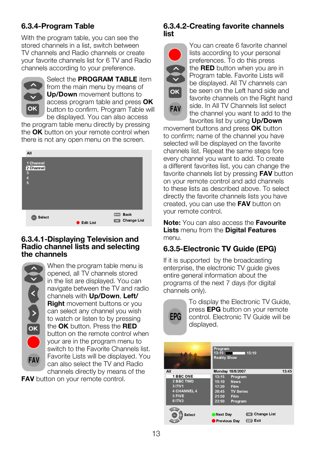 Beko 40WLU550FHID manual Program Table, Creating favorite channels list, Electronic TV Guide EPG 