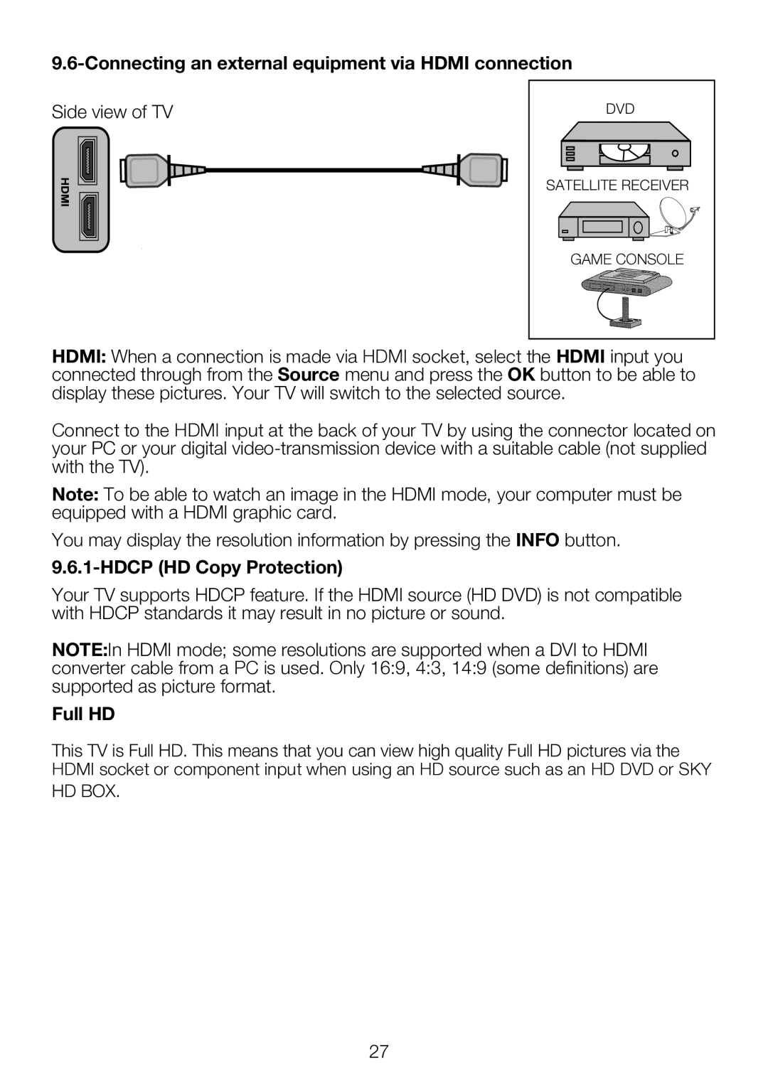 Beko 40WLU550FHID manual Connecting an external equipment via Hdmi connection, Hdcp HD Copy Protection, Full HD 