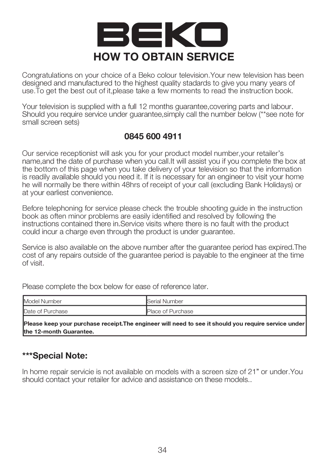 Beko 40WLU550FHID manual HOW to Obtain Service 