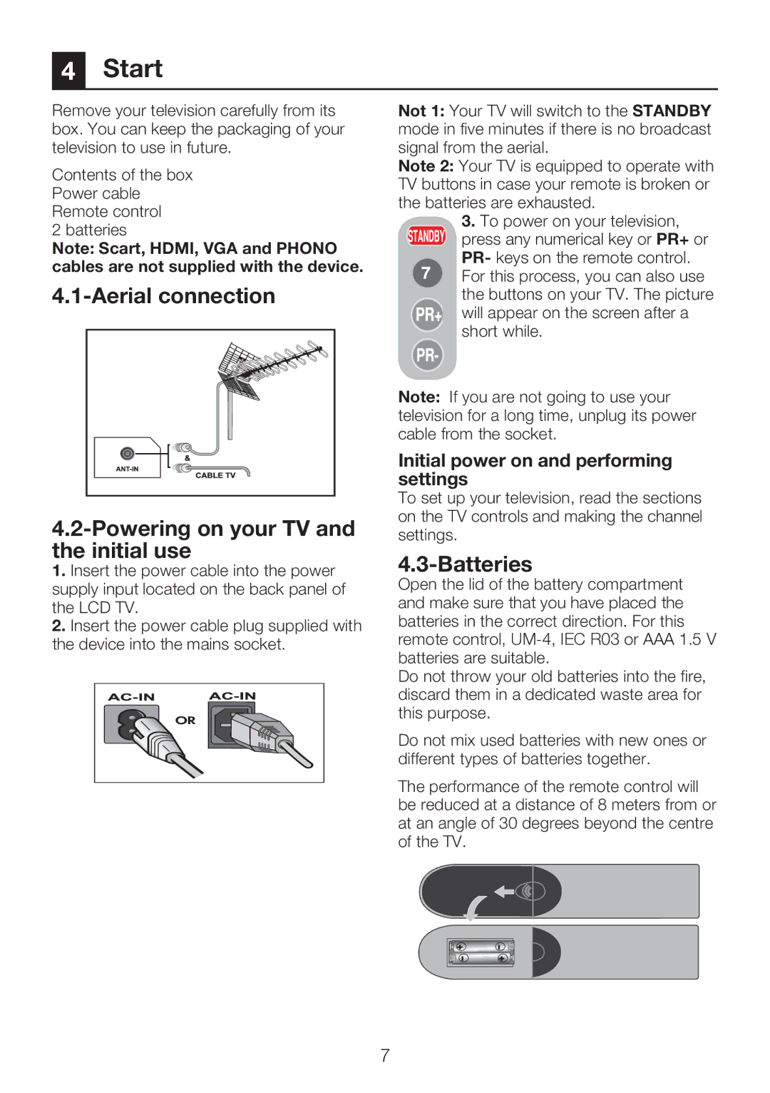 Beko 40WLU550FHID manual Start, Aerial connection Powering on your TV and the initial use, Batteries 