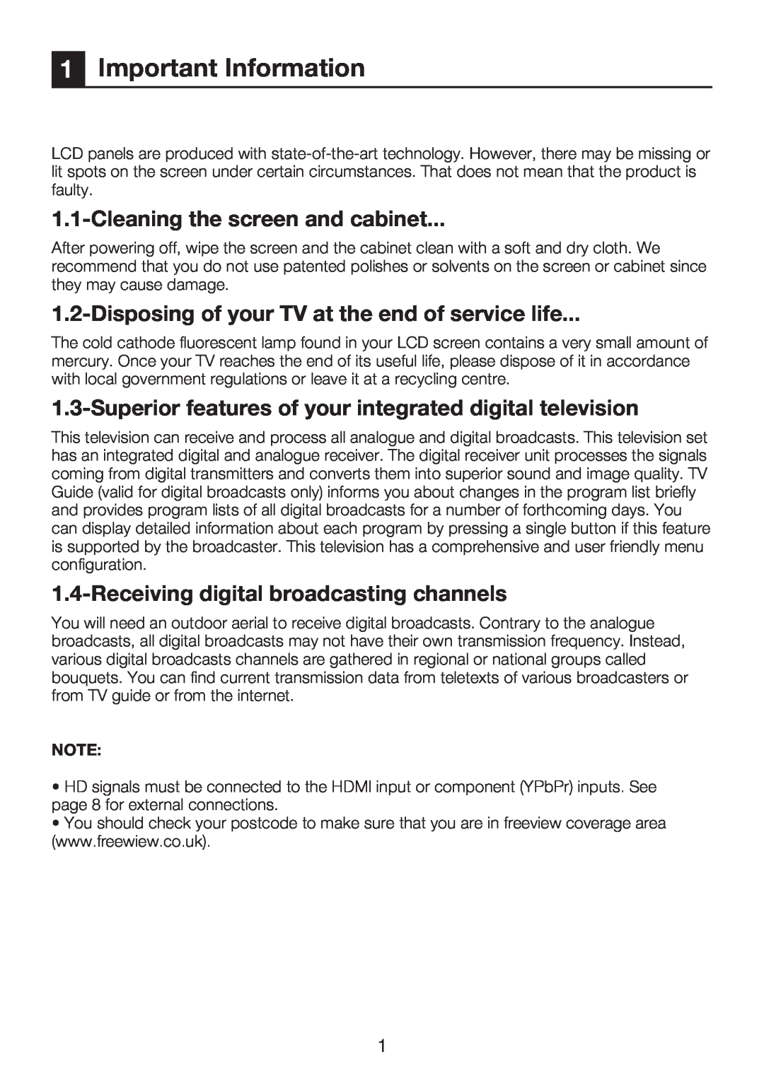 Beko 40WLU550FHID Important Information, Cleaning the screen and cabinet, Disposing of your TV at the end of service life 