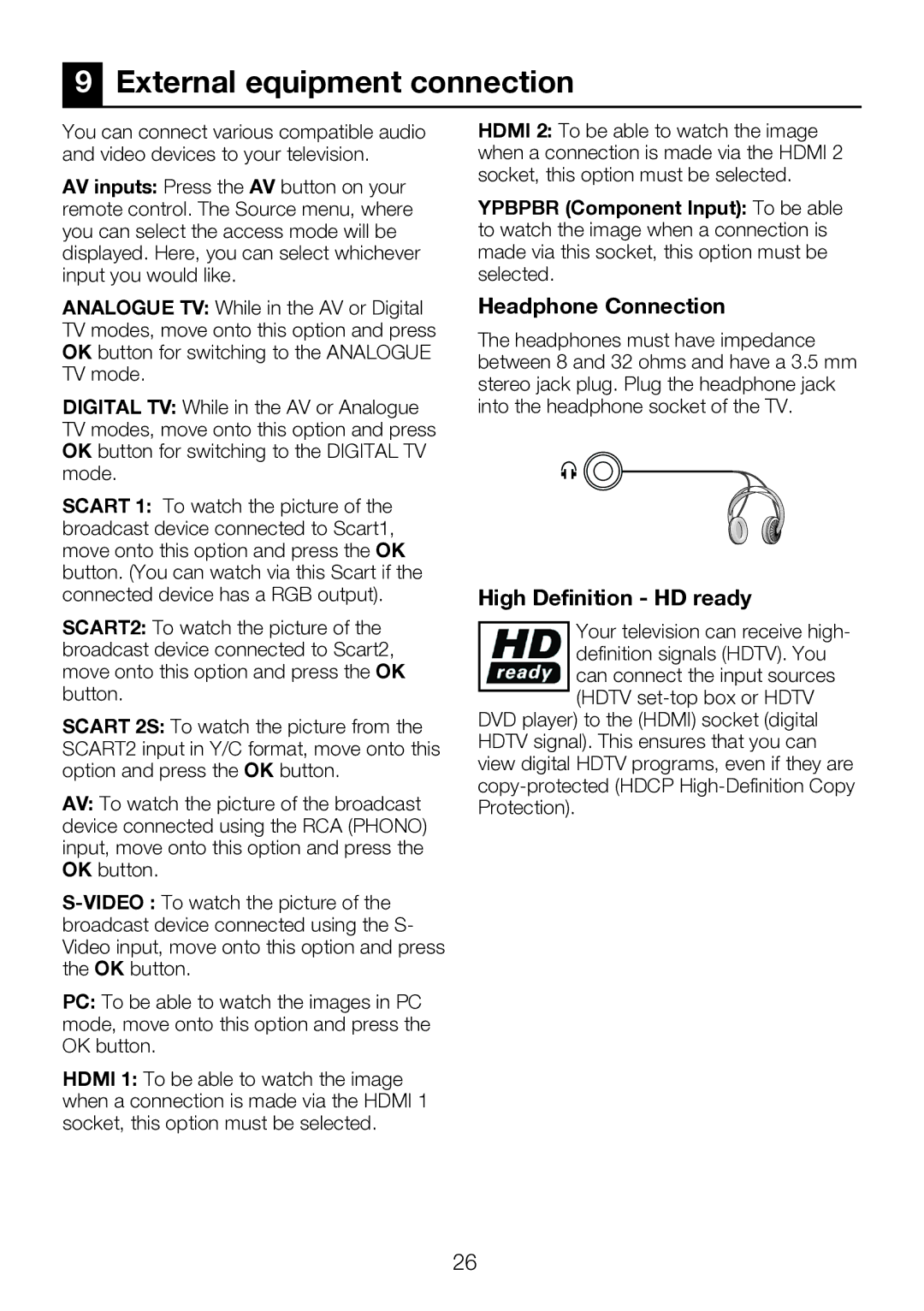 Beko 42WLU530HID operating instructions External equipment connection, Headphone Connection, High Definition HD ready 