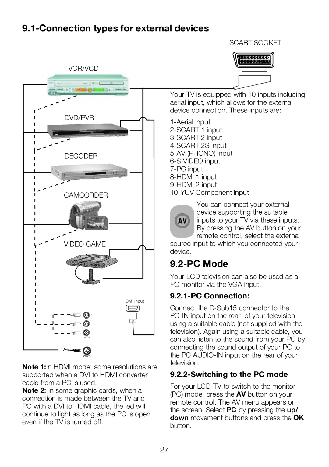 Beko 42WLU530HID Connection types for external devices, PC Mode, PC Connection, Switching to the PC mode 