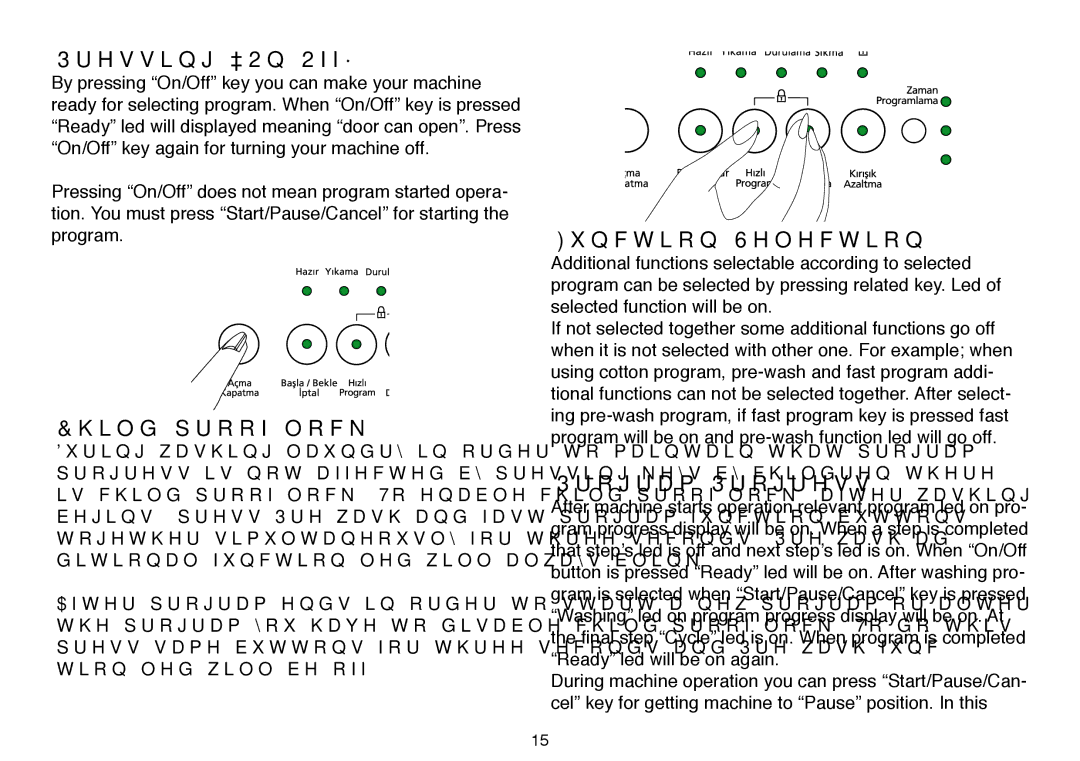 Beko 5102 B user manual Pressing On/Off, Child-proof lock, Function Selection, Program Progress 