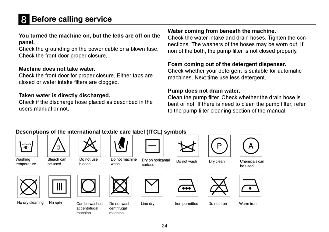 Beko 5102 B user manual Before calling service, Machine does not take water 