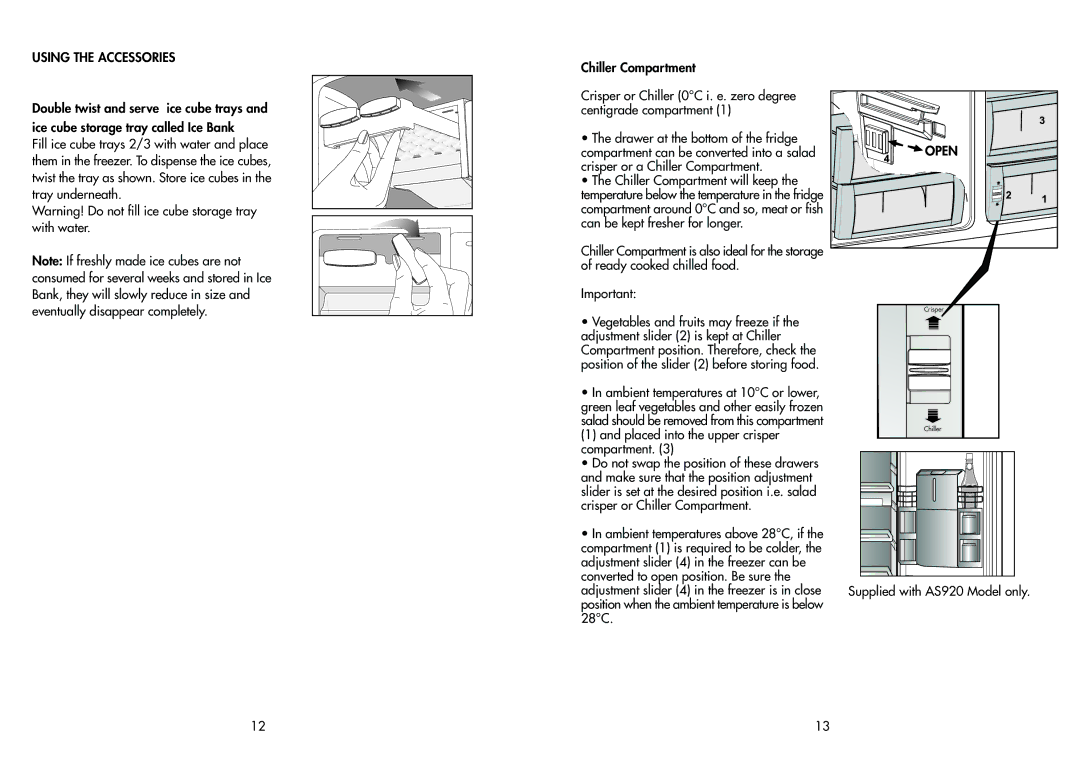 Beko AB910, AB920 manual Supplied with AS920 Model only 