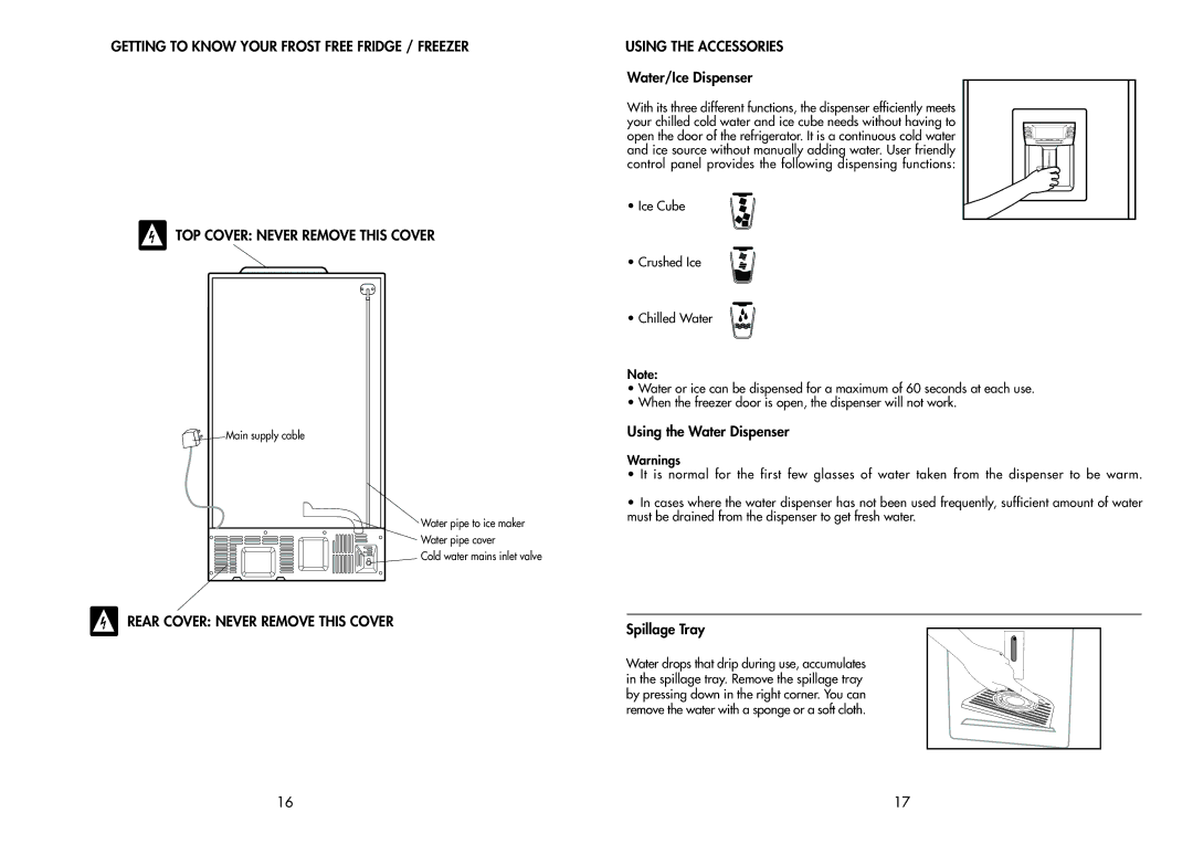 Beko AP930 manual Rear Cover Never Remove this Cover Using the Accessories, Water/Ice Dispenser, Using the Water Dispenser 