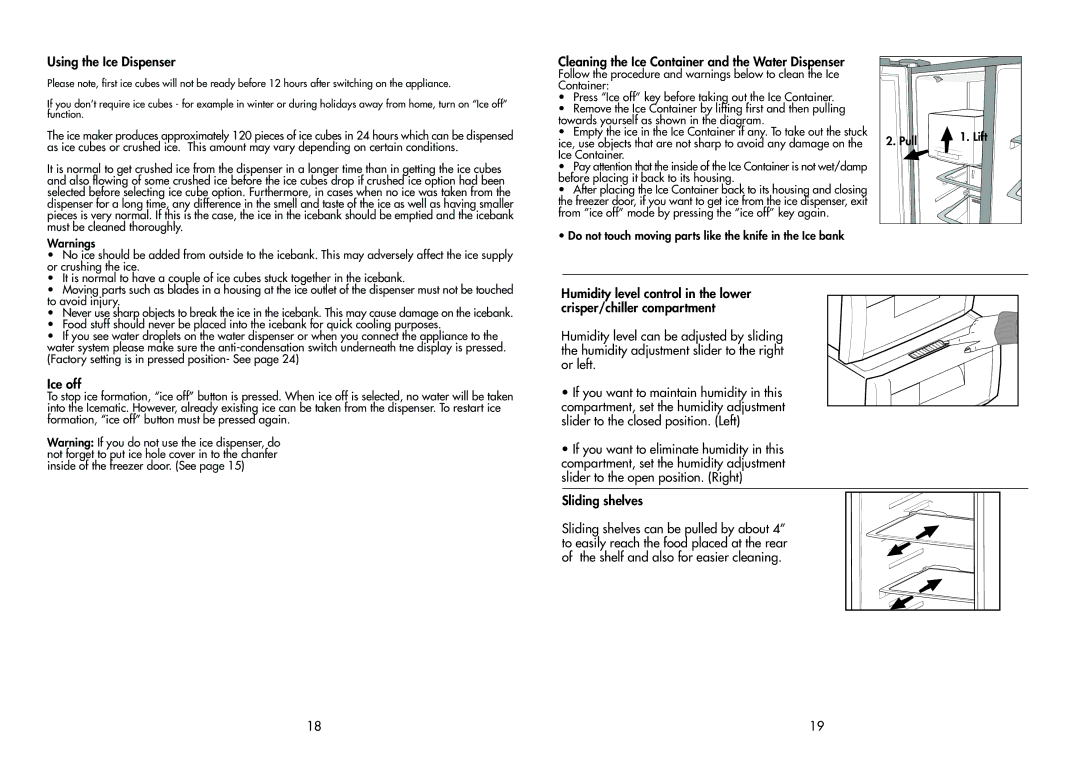 Beko AP930 manual Using the Ice Dispenser, Cleaning the Ice Container and the Water Dispenser, Ice off 