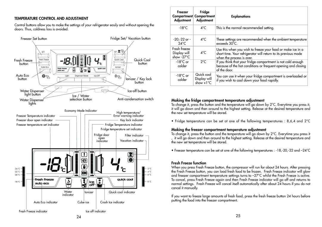 Beko AP930 Making the fridge compartment temperature adjustment, Making the freezer compartment temperature adjustment 