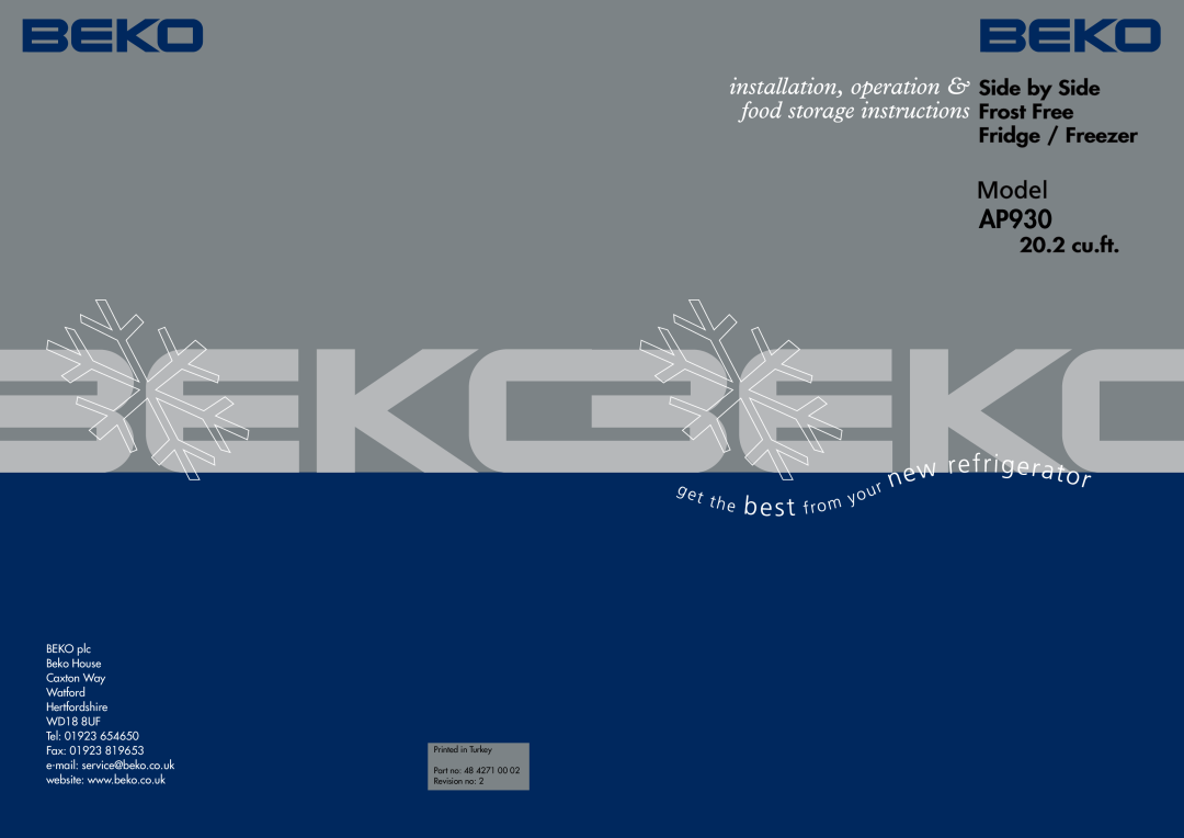 Beko AP930 manual Side by Side Frost Free Fridge / Freezer, 20.2 cu.ft 