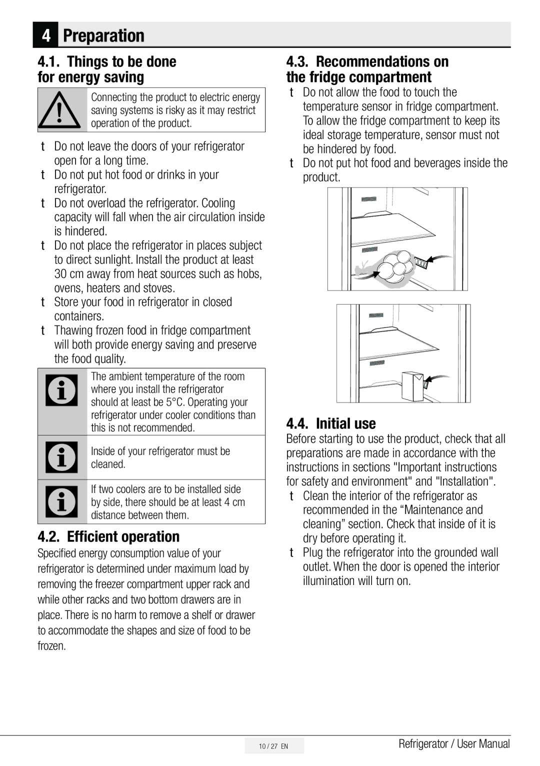 Beko ASD241X, ASL141S, ASL141X, ASL141W Preparation, Efficient operation, Initial use, Things to be done for energy saving 