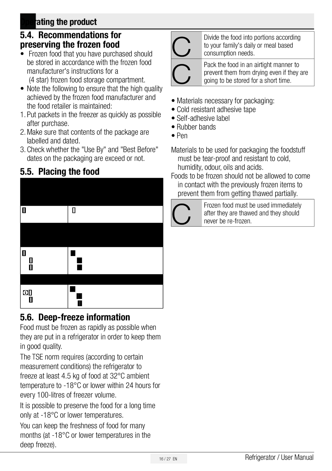 Beko ASL141B, ASL141S, ASL141X, ASL141W, ASD241X, ASD241S, ASD241B manual Placing the food, Deep-freeze information 