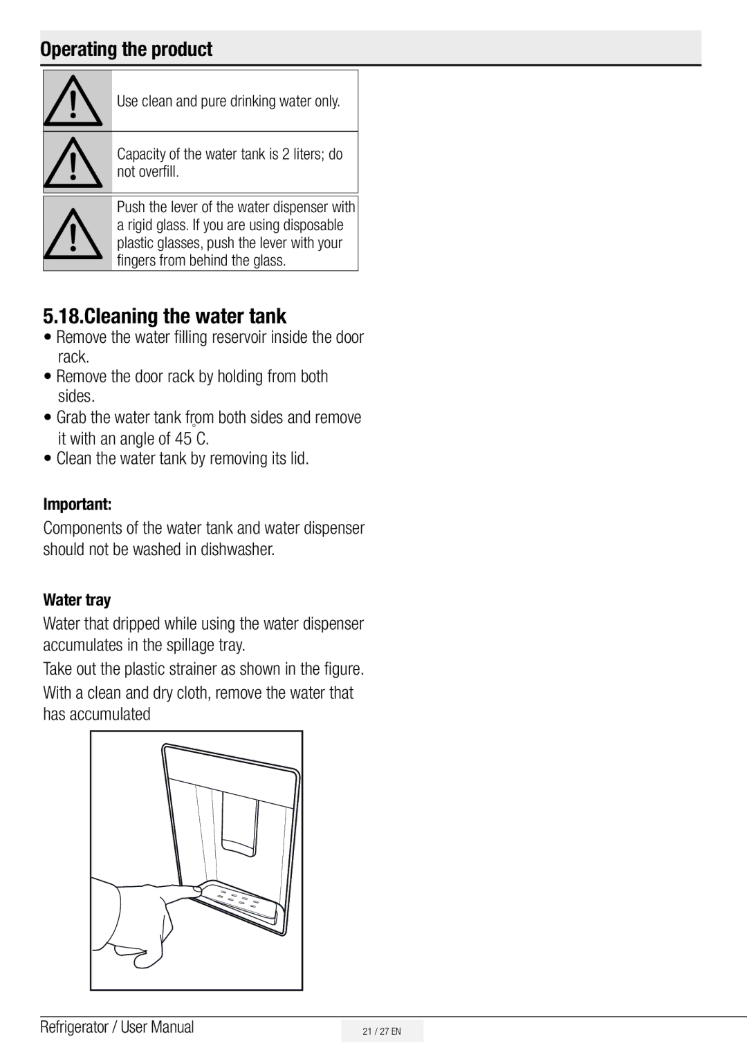 Beko ASL141X, ASL141S, ASL141W, ASL141B, ASD241X, ASD241S, ASD241B manual Cleaning the water tank, Water tray 