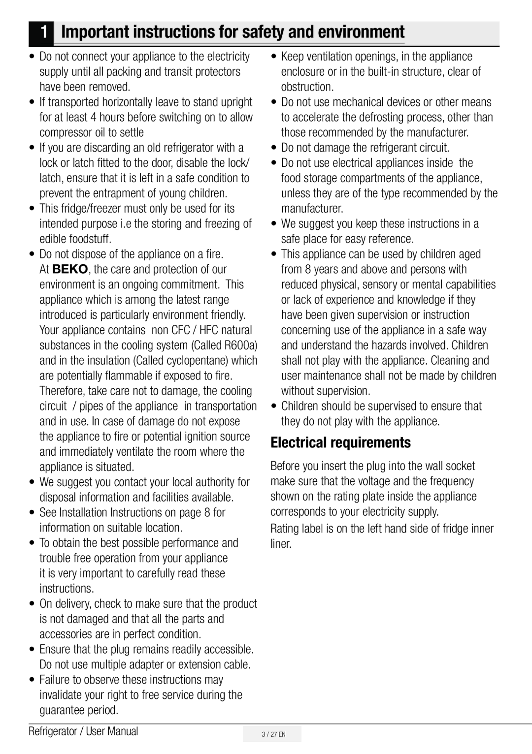 Beko ASD241X, ASL141S, ASL141X, ASL141W, ASL141B Important instructions for safety and environment, Electrical requirements 