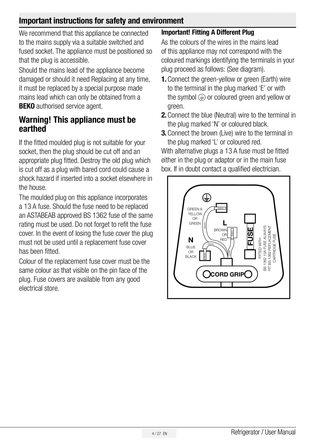 Beko ASD241S, ASL141S, ASL141X manual Important instructions for safety and environment, Important! Fitting a Different Plug 