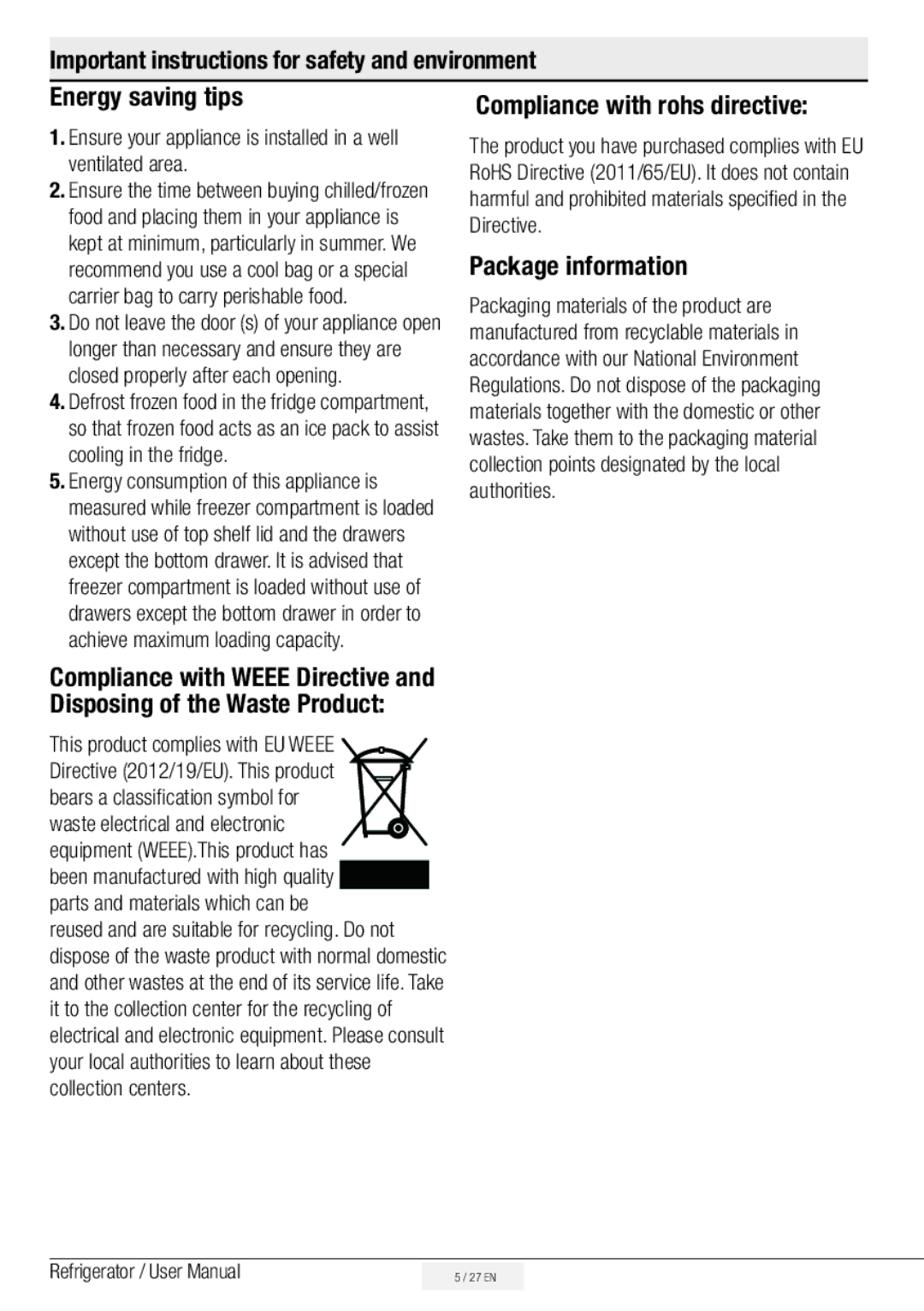 Beko ASD241B, ASL141S, ASL141X, ASL141W, ASL141B manual Energy saving tips, Compliance with rohs directive, Package information 