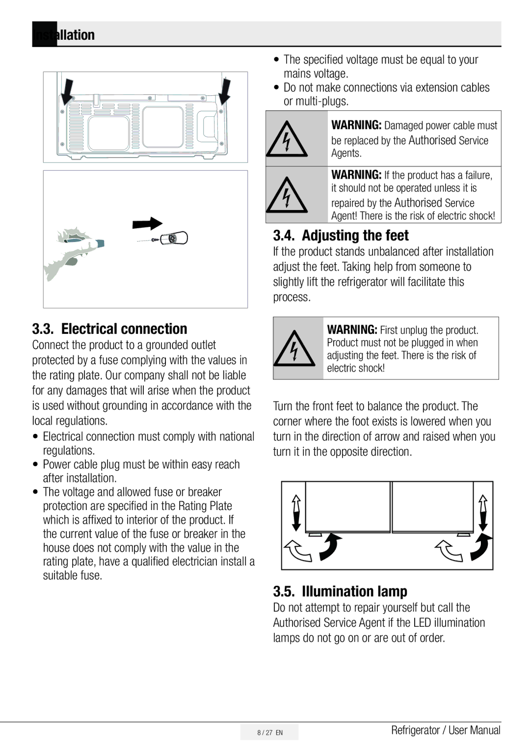 Beko ASL141W, ASL141S, ASL141X, ASL141B, ASD241X, ASD241S, ASD241B Electrical connection, Adjusting the feet, Illumination lamp 